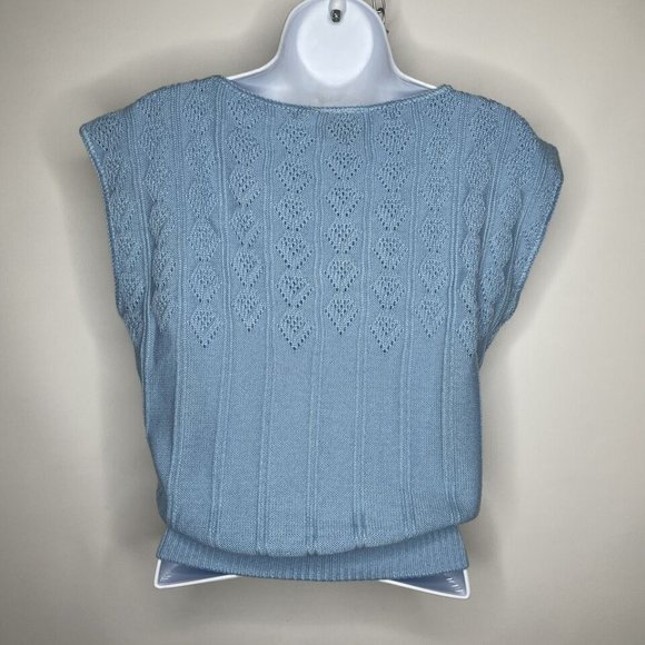 Vintage 80s Keneth Too Baby Blue Pointelle Knit Cap Sleeve Sweater - Picture 5 of 8